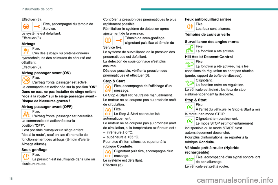 PEUGEOT 3008 2023  Manuel du propriétaire (in French) 16
Instruments de bord
Effectuer (3).Fixe, accompagné du témoin de 
Service.
Le système est défaillant.
Effectuer (3).
AirbagsFixe.
L'un des airbags ou prétensionneurs 
pyrotechniques des cei
