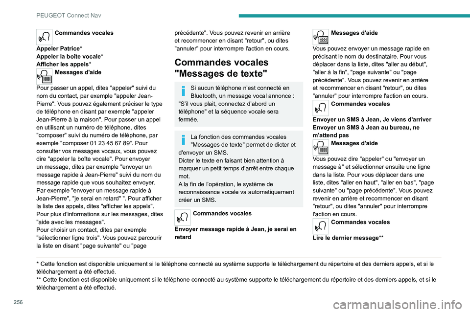 PEUGEOT 3008 2023  Manuel du propriétaire (in French) 256
PEUGEOT Connect Nav
Commandes vocales 
Appeler Patrice*
Appeler la boîte vocale*
Afficher les appels*
Messages d'aide 
Pour passer un appel, dites "appeler" suivi du 
nom du contact, 
