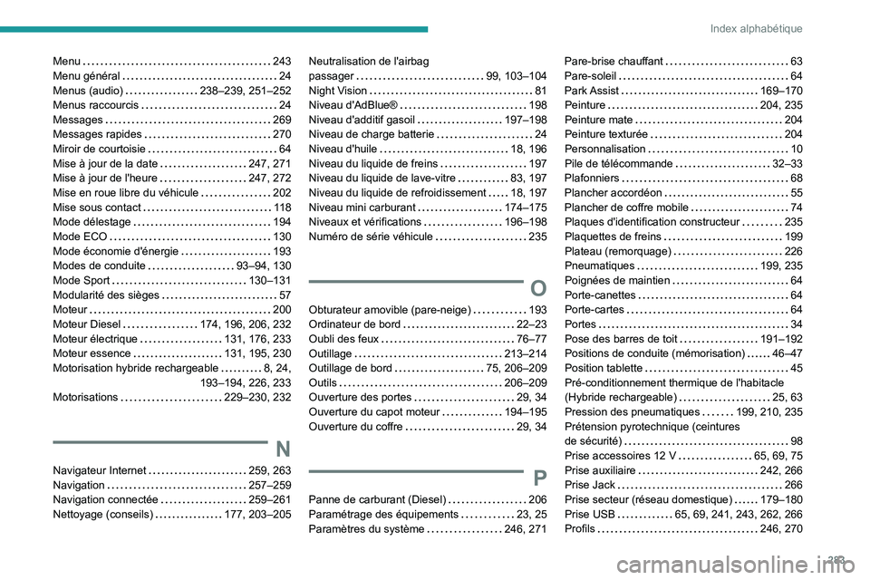 PEUGEOT 3008 2023  Manuel du propriétaire (in French) 283
Index alphabétique
Menu    243
Menu général     
24
Menus (audio)
    
238–239, 251–252
Menus raccourcis
    
24
Messages
    
269
Messages rapides
    
270
Miroir de courtoisie
    
64
Mis