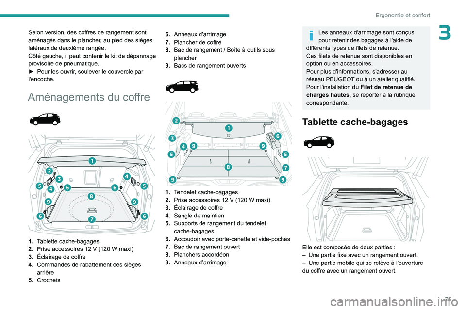 PEUGEOT 3008 2023 Manuel du propriétaire (in French) 71
Ergonomie et confort
3Selon version, des coffres de rangement sont
aménagés dans le plancher, au pied des sièges
latéraux de deuxième rangée.
Côté gauche, il peut contenir le kit de dépa PEUGEOT 3008 2023 Manuel du propriétaire (in French) 71
Ergonomie et confort
3Selon version, des coffres de rangement sont
aménagés dans le plancher, au pied des sièges
latéraux de deuxième rangée.
Côté gauche, il peut contenir le kit de dépa