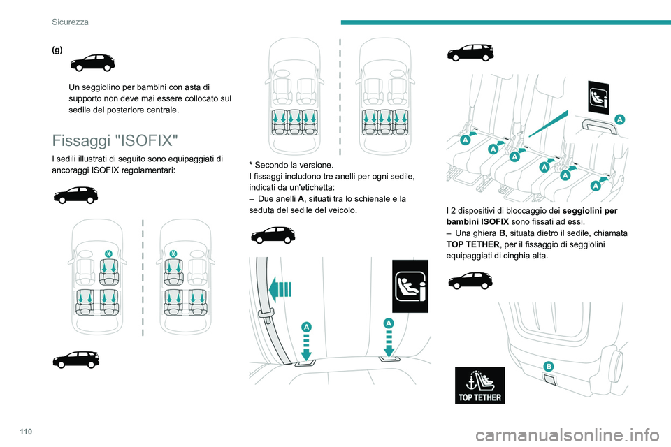 PEUGEOT 3008 2023  Manuale duso (in Italian) 11 0
Sicurezza
(g) 
 
Un seggiolino per bambini con asta di 
supporto non deve mai essere collocato sul 
sedile del posteriore centrale.
Fissaggi "ISOFIX"
I sedili illustrati di seguito sono e