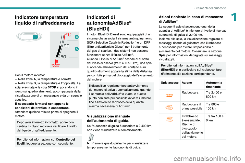 PEUGEOT 3008 2023 Manuale duso (in Italian) 19
Strumenti del cruscotto
1Indicatore temperatura
liquido di raffreddamento
Con il motore avviato:
– Nella zona A
, la temperatura è corretta.
–
Nella zona B
, la temperatura è troppo PEUGEOT 3008 2023 Manuale duso (in Italian) 19
Strumenti del cruscotto
1Indicatore temperatura
liquido di raffreddamento
Con il motore avviato:
– Nella zona A
, la temperatura è corretta.
–
Nella zona B
, la temperatura è troppo