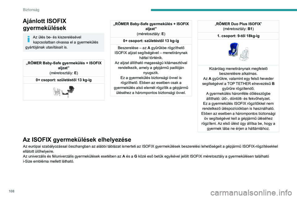 PEUGEOT 3008 2023 Kezelési útmutató (in Hungarian) 108
Biztonság
Ajánlott ISOFIX gyermekülések
Az ülés be- és kiszerelésével
kapcsolatban olvassa el a gyermekülés
gyártójának utasításait is.
„RÖMER Baby-Safe gyermekülés + ISOFIX PEUGEOT 3008 2023 Kezelési útmutató (in Hungarian) 108
Biztonság
Ajánlott ISOFIX gyermekülések
Az ülés be- és kiszerelésével
kapcsolatban olvassa el a gyermekülés
gyártójának utasításait is.
„RÖMER Baby-Safe gyermekülés + ISOFIX