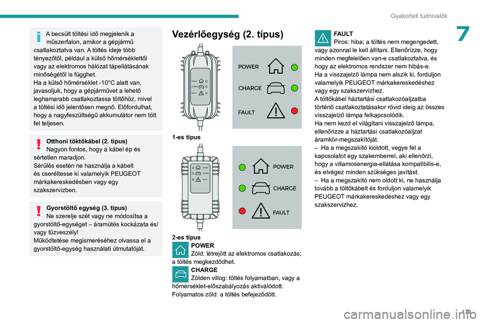 PEUGEOT 3008 2023  Kezelési útmutató (in Hungarian) 179
Gyakorlati tudnivalók
7A becsült töltési idő megjelenik a műszerfalon, amikor a gépjármű 
csatlakoztatva van. A töltés ideje több 
tényezőtől, például a külső hőmérséklettől