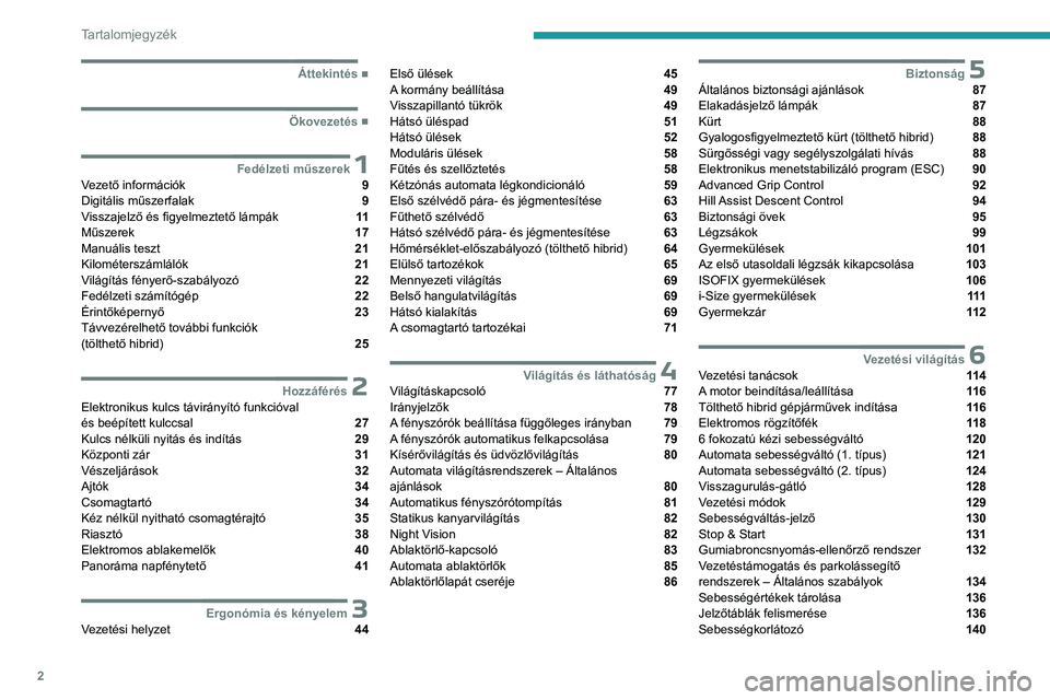 PEUGEOT 3008 2023  Kezelési útmutató (in Hungarian) 2
Tartalomjegyzék
  ■
Áttekintés
  ■
Ökovezetés
 1Fedélzeti műszerekVezető információk  9
Digitális műszerfalak  9
Visszajelző és figyelmeztető lámpák  11
Műszerek  17
Manu