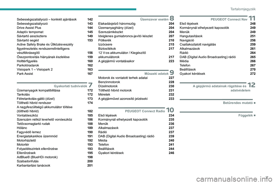 PEUGEOT 3008 2023  Kezelési útmutató (in Hungarian) 3
Tartalomjegyzék
Sebességszabályozó – konkrét ajánlások  142
Sebességszabályozó  143
Drive Assist Plus  144
Adaptív tempomat  145
Sávtartó asszisztens  149
Sávtartó segéd  153
Activ