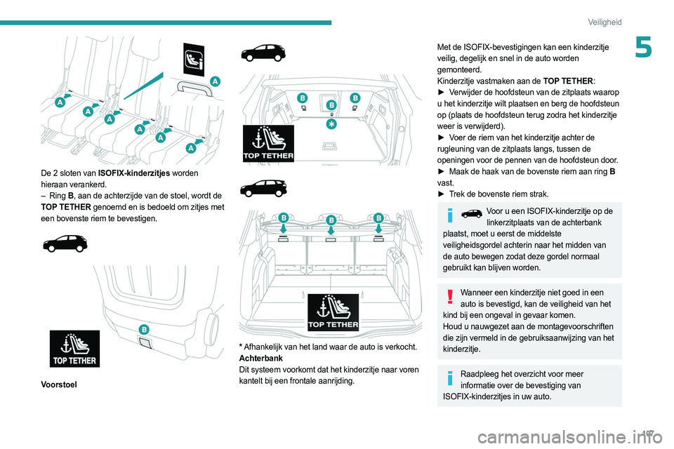 PEUGEOT 3008 2023  Instructieboekje (in Dutch) 107
Veiligheid
5
 
De 2 sloten van ISOFIX-kinderzitjes worden 
hieraan verankerd.
–  Ring  
B, aan de achterzijde van de stoel, wordt de

 
TOP TETHER genoemd en is bedoeld om zitjes met 
een bovens