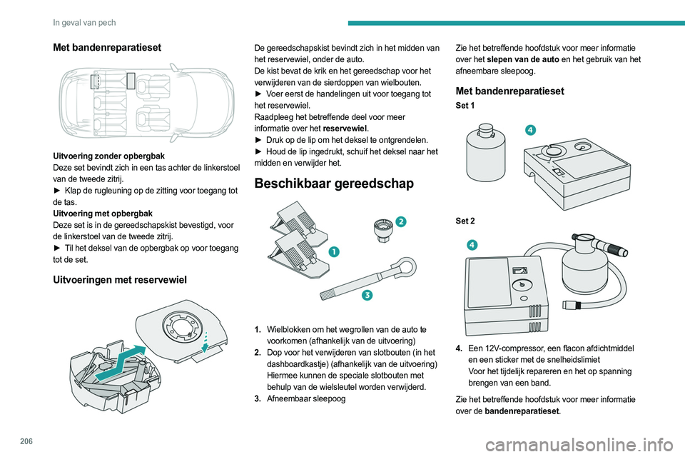 PEUGEOT 3008 2023  Instructieboekje (in Dutch) 206
In geval van pech
Met bandenreparatieset 
 
Uitvoering zonder opbergbak
Deze set bevindt zich in een tas achter de linkerstoel 
van de tweede zitrij.
► 
Klap de rugleuning op de zitting voor toe