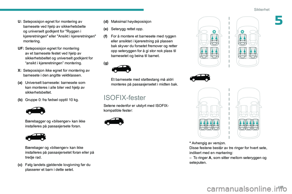 PEUGEOT 3008 2023 Instruksjoner for bruk (in Norwegian) 101
Sikkerhet
5U:Seteposisjon egnet for montering av
barnesete ved hjelp av sikkerhetsbelte
og universelt godkjent for "Ryggen i
kjøreretningen" eller "Ansikt i kjøreretningen"
m PEUGEOT 3008 2023 Instruksjoner for bruk (in Norwegian) 101
Sikkerhet
5U:Seteposisjon egnet for montering av
barnesete ved hjelp av sikkerhetsbelte
og universelt godkjent for "Ryggen i
kjøreretningen" eller "Ansikt i kjøreretningen"
m
