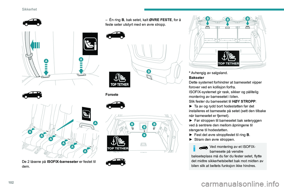 PEUGEOT 3008 2023 Instruksjoner for bruk (in Norwegian) 102
Sikkerhet
De 2 låsene på ISOFIX-barneseter er festet til
dem. –
Én ring
B, bak setet, kalt ØVRE FESTE
, for å
feste seter utstyrt med en øvre stropp.
Forsete PEUGEOT 3008 2023 Instruksjoner for bruk (in Norwegian) 102
Sikkerhet
De 2 låsene på ISOFIX-barneseter er festet til
dem. –
Én ring
B, bak setet, kalt ØVRE FESTE
, for å
feste seter utstyrt med en øvre stropp.
Forsete