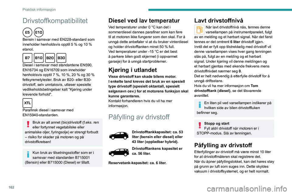 PEUGEOT 3008 2023 Instruksjoner for bruk (in Norwegian) 162
Praktisk informasjon
Drivstoffkompatibilitet
Bensin i samsvar med EN228-standard som
inneholder henholdsvis opptil 5 % og 10 %
etanol.
Diesel i samsvar med standardene EN590,
EN16734 og EN PEUGEOT 3008 2023 Instruksjoner for bruk (in Norwegian) 162
Praktisk informasjon
Drivstoffkompatibilitet
Bensin i samsvar med EN228-standard som
inneholder henholdsvis opptil 5 % og 10 %
etanol.
Diesel i samsvar med standardene EN590,
EN16734 og EN