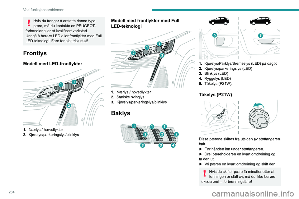 PEUGEOT 3008 2023  Instruksjoner for bruk (in Norwegian) 204
Ved funksjonsproblemer
Hvis du trenger å erstatte denne type 
pære, må du kontakte en PEUGEOT-
forhandler eller et kvalifisert verksted.
Unngå å berøre LED eller frontlykter med Full 
LED-te