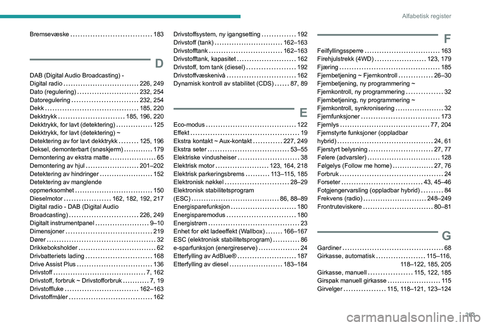 PEUGEOT 3008 2023  Instruksjoner for bruk (in Norwegian) 263
Alfabetisk register
Bremsevæske    183
D
DAB (Digital Audio Broadcasting) - 
Digital radio
    
226, 249
Dato (regulering)
    
232, 254
Datoregulering
    
232, 254
Dekk
    
185, 220
Dekktrykk
