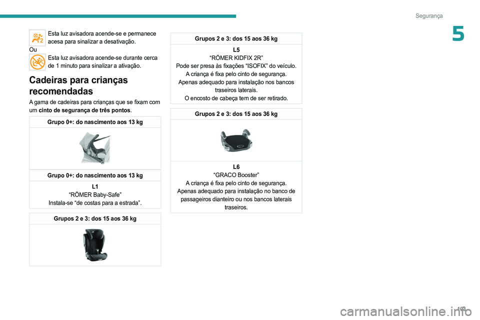 PEUGEOT 3008 2023  Manual de utilização (in Portuguese) 103
Segurança
5Esta luz avisadora acende-se e permanece acesa para sinalizar a desativação.
Ou
Esta luz avisadora acende-se durante cerca  de 1 minuto para sinalizar a ativação.
Cadeiras para cri