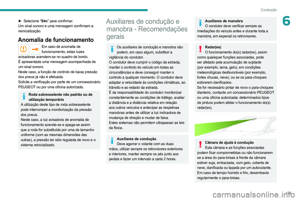PEUGEOT 3008 2023 Manual de utilização (in Portuguese) 133
Condução
6► Selecione “Sim” para confirmar.
Um sinal sonoro e uma mensagem confirmam a
reinicialização.
Anomalia de funcionamento
Em caso de anomalia de funcionamento, estas luzes
avi PEUGEOT 3008 2023 Manual de utilização (in Portuguese) 133
Condução
6► Selecione “Sim” para confirmar.
Um sinal sonoro e uma mensagem confirmam a
reinicialização.
Anomalia de funcionamento
Em caso de anomalia de funcionamento, estas luzes
avi