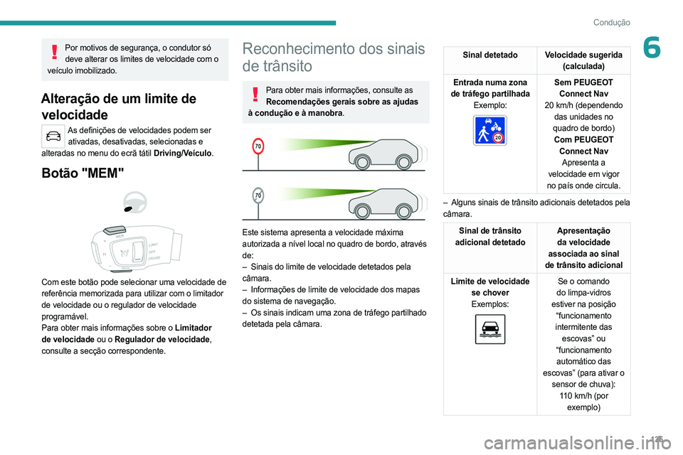 PEUGEOT 3008 2023 Manual de utilização (in Portuguese) 135
Condução
6Por motivos de segurança, o condutor só deve alterar os limites de velocidade com o
veículo imobilizado.
Alteração de um limite de velocidade
As definições de velocidades pode PEUGEOT 3008 2023 Manual de utilização (in Portuguese) 135
Condução
6Por motivos de segurança, o condutor só deve alterar os limites de velocidade com o
veículo imobilizado.
Alteração de um limite de velocidade
As definições de velocidades pode