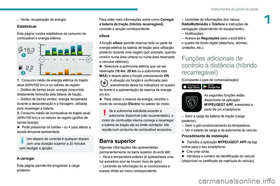 PEUGEOT 3008 2023 Manual de utilização (in Portuguese) 25
Instrumentos do painel de bordo
1– Verde: recuperação de energia.
Estatísticas
Esta página mostra estatísticas de consumo de
combustível e energia elétrica.
1. Consumo médio de ene PEUGEOT 3008 2023 Manual de utilização (in Portuguese) 25
Instrumentos do painel de bordo
1– Verde: recuperação de energia.
Estatísticas
Esta página mostra estatísticas de consumo de
combustível e energia elétrica.
1. Consumo médio de ene