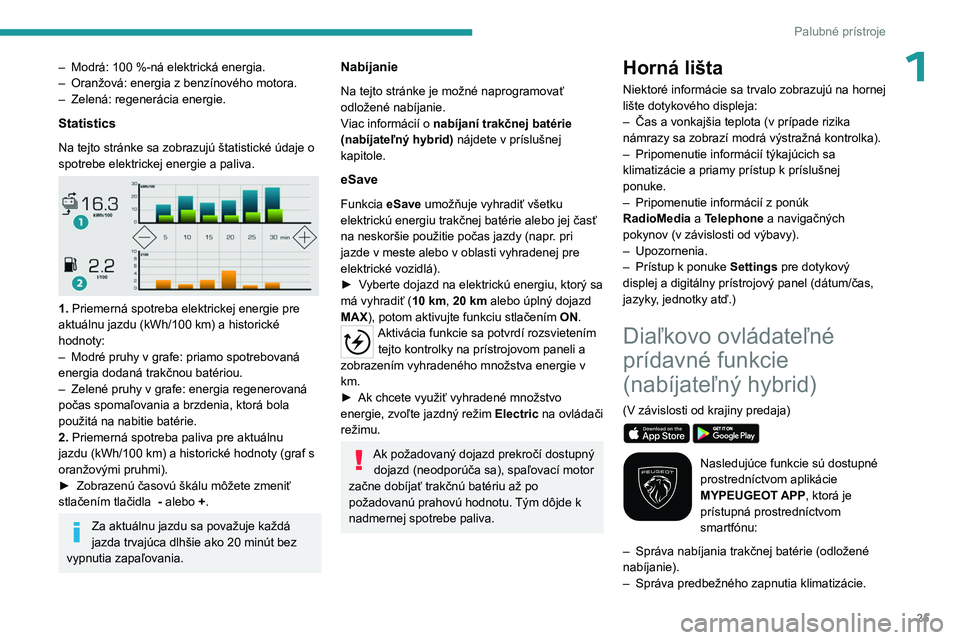 PEUGEOT 3008 2023  Návod na použitie (in Slovakian) 25
Palubné prístroje
1– Modrá: 100 %-ná elektrická energia.
–  Oranžová: energia z benzínového motora.
–
 
Zelená: regenerácia energie.
Statistics
Na tejto stránke sa zobrazujú šta