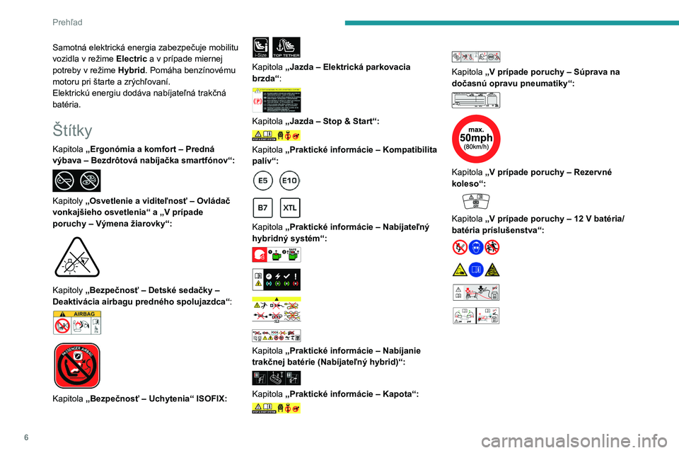 PEUGEOT 3008 2023 Návod na použitie (in Slovakian) 6
Prehľad
Samotná elektrická energia zabezpečuje mobilitu
vozidla v režime Electric a v prípade miernej
potreby v režime Hybrid. Pomáha benzínovému
motoru pri štarte a zrýchľovaní.
El PEUGEOT 3008 2023 Návod na použitie (in Slovakian) 6
Prehľad
Samotná elektrická energia zabezpečuje mobilitu
vozidla v režime Electric a v prípade miernej
potreby v režime Hybrid. Pomáha benzínovému
motoru pri štarte a zrýchľovaní.
El