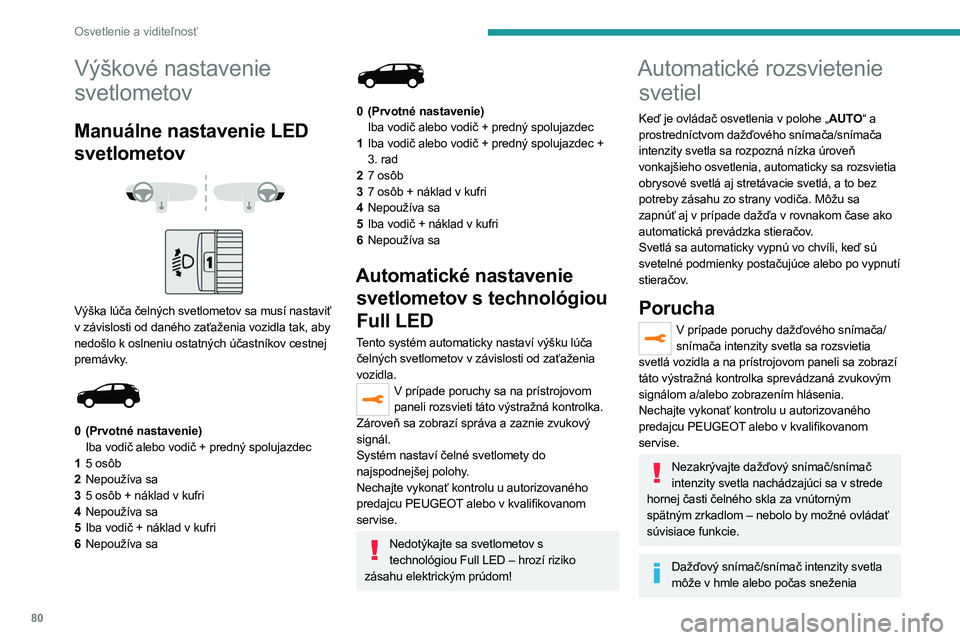 PEUGEOT 3008 2023 Návod na použitie (in Slovakian) 80
Osvetlenie a viditeľnosť
Výškové nastavenie
svetlometov
Manuálne nastavenie LED
svetlometov
Výška lúča čelných svetlometov sa musí nastaviť
v závislosti od daného zaťaž PEUGEOT 3008 2023 Návod na použitie (in Slovakian) 80
Osvetlenie a viditeľnosť
Výškové nastavenie
svetlometov
Manuálne nastavenie LED
svetlometov
Výška lúča čelných svetlometov sa musí nastaviť
v závislosti od daného zaťaž