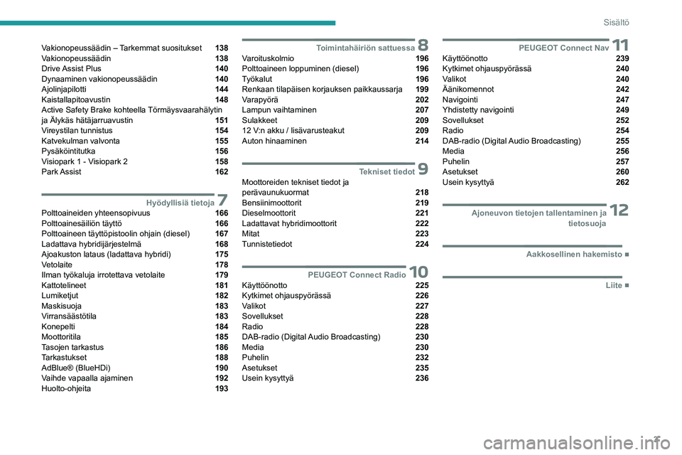 PEUGEOT 3008 2023  Omistajan Käsikirja (in Finnish) 3
Sisältö
Vakionopeussäädin – Tarkemmat suositukset  138
Vakionopeussäädin  138
Drive Assist  Plus  140
Dynaaminen vakionopeussäädin  140
Ajolinjapilotti  144
Kaistallapitoavustin  148
Activ