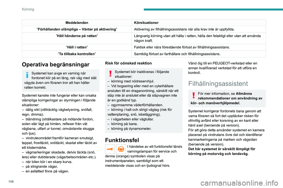 PEUGEOT 3008 2023  Bruksanvisningar (in Swedish) 146
Körning
MeddelandenKörsituationer
”Förhållanden olämpliga – Väntar på aktivering ”Aktivering av filhållningsassistans när alla krav inte är uppfyllda.
”Håll händerna på ratten