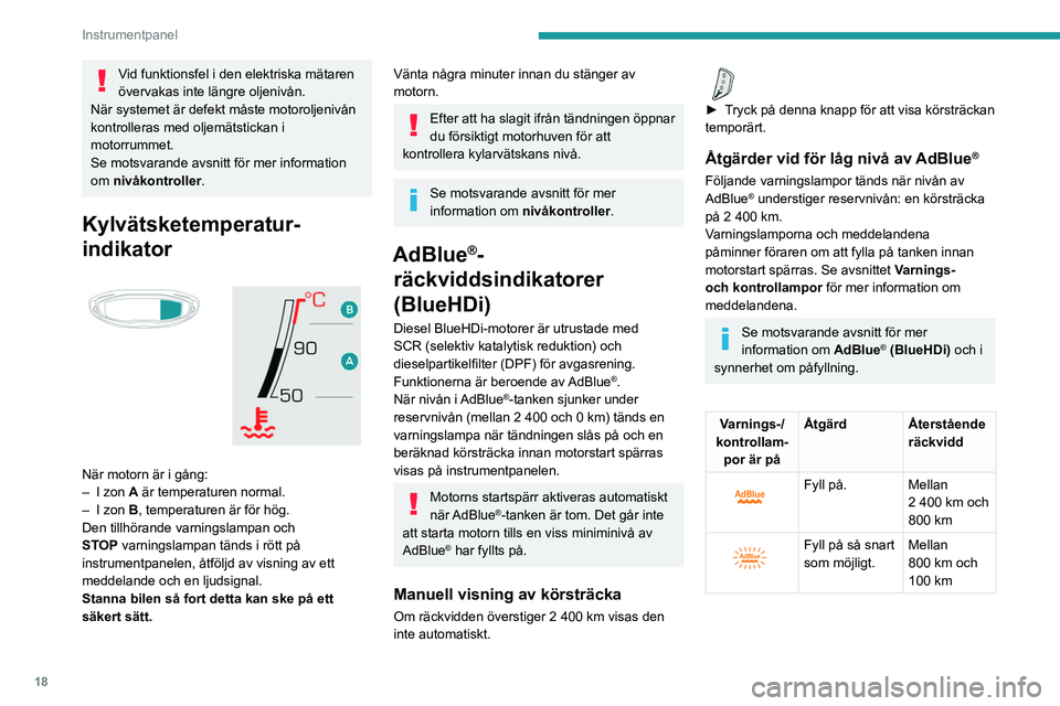 PEUGEOT 3008 2023 Bruksanvisningar (in Swedish) 18
Instrumentpanel
Vid funktionsfel i den elektriska mätaren
övervakas inte längre oljenivån.
När systemet är defekt måste motoroljenivån
kontrolleras med oljemätstickan i
motorrummet.
Se PEUGEOT 3008 2023 Bruksanvisningar (in Swedish) 18
Instrumentpanel
Vid funktionsfel i den elektriska mätaren
övervakas inte längre oljenivån.
När systemet är defekt måste motoroljenivån
kontrolleras med oljemätstickan i
motorrummet.
Se