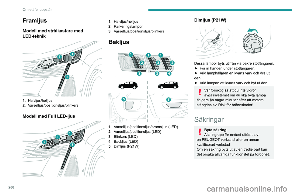 PEUGEOT 3008 2023 Bruksanvisningar (in Swedish) 206
Om ett fel uppstår
Installation av elektriska tillbehör
Elsystemet i bilen är konstruerat för att
fungera störningsfritt med elutrustning som är
standard eller tillval i din bil.
Vänd dig PEUGEOT 3008 2023 Bruksanvisningar (in Swedish) 206
Om ett fel uppstår
Installation av elektriska tillbehör
Elsystemet i bilen är konstruerat för att
fungera störningsfritt med elutrustning som är
standard eller tillval i din bil.
Vänd dig
