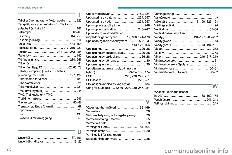 PEUGEOT 3008 2023  Bruksanvisningar (in Swedish) 270
Alfabetiskt register
T
Tabeller över motorer ~ Motortabeller     220
Täckplåt, avtagbar (snöskydd) ~ Täcklock, 
avtagbart (snöskydd)
    
181
Taklampor
    
65–66
Tändning
    
114, 255
T