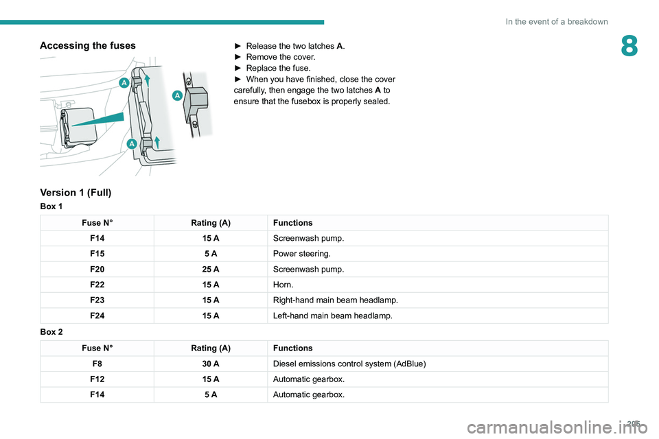 PEUGEOT 3008 2022  Owners Manual 205
In the event of a breakdown
8Accessing the fuses 
 
► Release the two latches A .
►  Remove the cover .
►
 
Replace the fuse.
►

 
When you have finished, close the cover 
carefully

, the