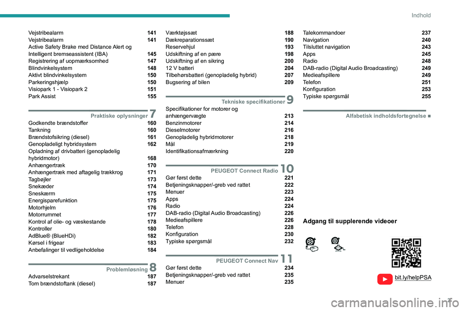 PEUGEOT 3008 2022  Brugsanvisning (in Danish) 3
Indhold
  
  
 
 
 
 
Vejstribealarm  141
Vejstribealarm  141
Active Safety Brake med Distance Alert og 
Intelligent bremseassistent (IBA) 
 145
Registrering af uopmærksomhed  147
Blindvinkelsystem