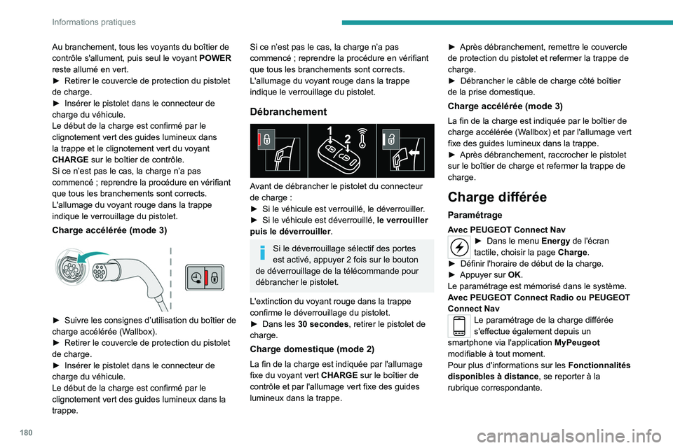 PEUGEOT 3008 2022 Manuel du propriétaire (in French) 180
Informations pratiques
Au branchement, tous les voyants du boîtier de
contrôle s'allument, puis seul le voyant POWER
reste allumé en vert.
►
Retirer le couvercle de protection du pist PEUGEOT 3008 2022 Manuel du propriétaire (in French) 180
Informations pratiques
Au branchement, tous les voyants du boîtier de
contrôle s'allument, puis seul le voyant POWER
reste allumé en vert.
►
Retirer le couvercle de protection du pist