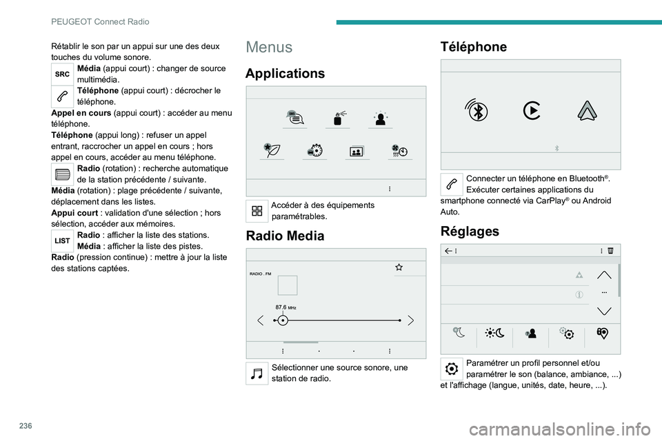PEUGEOT 3008 2022  Manuel du propriétaire (in French) 236
PEUGEOT Connect Radio
Rétablir le son par un appui sur une des deux 
touches du volume sonore.
Média (appui court) : changer de source 
multimédia.
Téléphone (appui court) : décrocher le 
t�