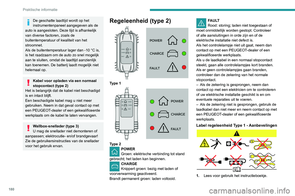 PEUGEOT 3008 2022  Instructieboekje (in Dutch) 180
Praktische informatie
De geschatte laadtijd wordt op het 
instrumentenpaneel aangegeven als de 
auto is aangesloten. Deze tijd is afhankelijk 
van diverse factoren, zoals de 
buitentemperatuur of 