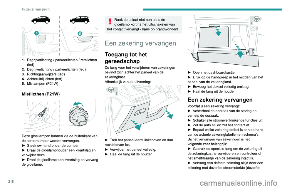 PEUGEOT 3008 2022  Instructieboekje (in Dutch) 216
In geval van pech
Versie 1 (Full)
Kast 1Zekeringnr. Stroomsterkte (A) Functies
F1 3 AKeyless entry and start
F2 5 AMultifunctionele display
F5 5 AAchteruitrijcamera - parkeerhulp
F7 10 AHifi-verst