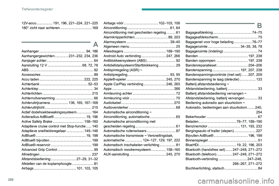 PEUGEOT 3008 2022  Instructieboekje (in Dutch) 280
Trefwoordenregister
12V-accu    191, 196, 221–224, 221–225
180° zicht naar achteren     
169
A
Aanhanger     94, 186
Aanhangergewichten     
231–232, 234, 236
Aanjager achter
    
64
Aanslu