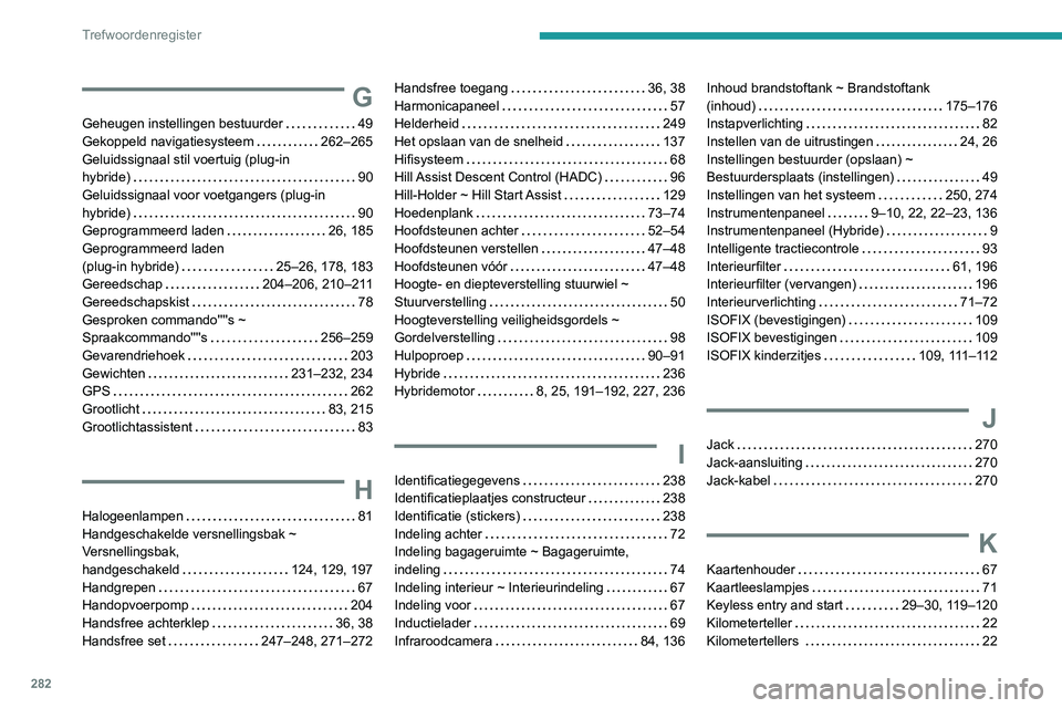 PEUGEOT 3008 2022  Instructieboekje (in Dutch) 282
Trefwoordenregister
G
Geheugen instellingen bestuurder     49
Gekoppeld navigatiesysteem     
262–265
Geluidssignaal stil voertuig (plug-in  
hybride)
    
90
Geluidssignaal voor voetgangers (pl