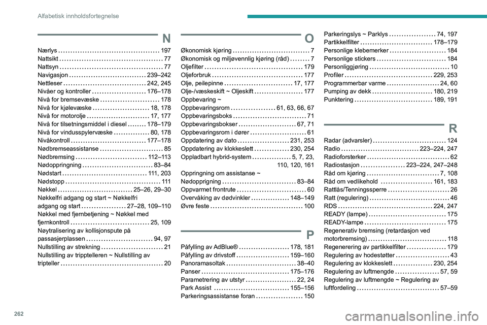 PEUGEOT 3008 2022 Instruksjoner for bruk (in Norwegian) 262
Alfabetisk innholdsfortegnelse
N
Nærlys 197
Nattsikt
77
Nattsyn
77
Navigasjon
239–242
Nettleser
242, 245
Nivåer og kontroller
176–178
Nivå for bremsevæske
PEUGEOT 3008 2022 Instruksjoner for bruk (in Norwegian) 262
Alfabetisk innholdsfortegnelse
N
Nærlys 197
Nattsikt
77
Nattsyn
77
Navigasjon
239–242
Nettleser
242, 245
Nivåer og kontroller
176–178
Nivå for bremsevæske