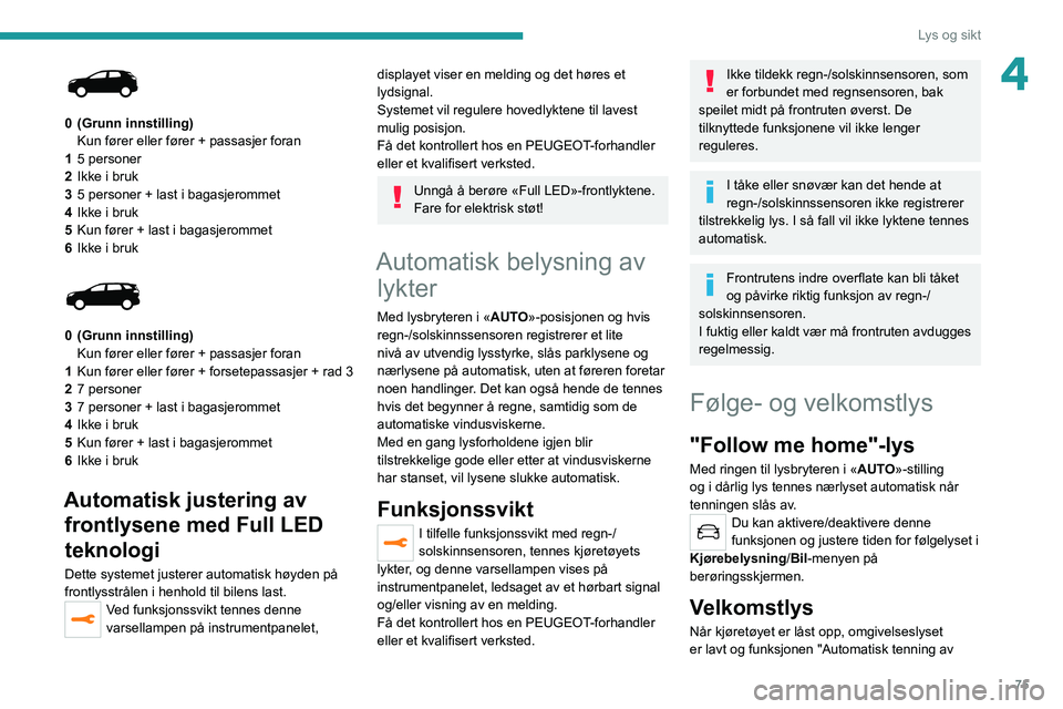 PEUGEOT 3008 2022 Instruksjoner for bruk (in Norwegian) 75
Lys og sikt
4
0 (Grunn innstilling)Kun fører eller fører + passasjer foran
1 5 personer
2 Ikke i bruk
3 5 personer + last i bagasjerommet
4 Ikke i bruk
5 Kun fører + last i bagasjerommet
6 Ikk PEUGEOT 3008 2022 Instruksjoner for bruk (in Norwegian) 75
Lys og sikt
4
0 (Grunn innstilling)Kun fører eller fører + passasjer foran
1 5 personer
2 Ikke i bruk
3 5 personer + last i bagasjerommet
4 Ikke i bruk
5 Kun fører + last i bagasjerommet
6 Ikk
