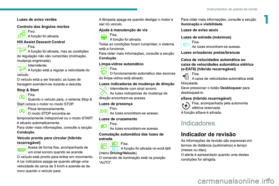 PEUGEOT 3008 2022  Manual de utilização (in Portuguese) 17
Instrumentos do painel de bordo
1Luzes de aviso verdes
Controlo dos ângulos mortos
Fixo.
A função foi ativada.
Hill Assist Descent ControlFixa.
A função foi ativada, mas as condições 
de reg PEUGEOT 3008 2022  Manual de utilização (in Portuguese) 17
Instrumentos do painel de bordo
1Luzes de aviso verdes
Controlo dos ângulos mortos
Fixo.
A função foi ativada.
Hill Assist Descent ControlFixa.
A função foi ativada, mas as condições 
de reg