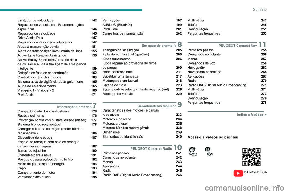 PEUGEOT 3008 2022  Manual de utilização (in Portuguese) 3
Sumário
  
  
 
 
 
 
Limitador de velocidade  142
Regulador de velocidade - Recomendações 
específicas 
 144
Regulador de velocidade  145
Drive Assist  Plus  147
Regulador de velocidade adaptat