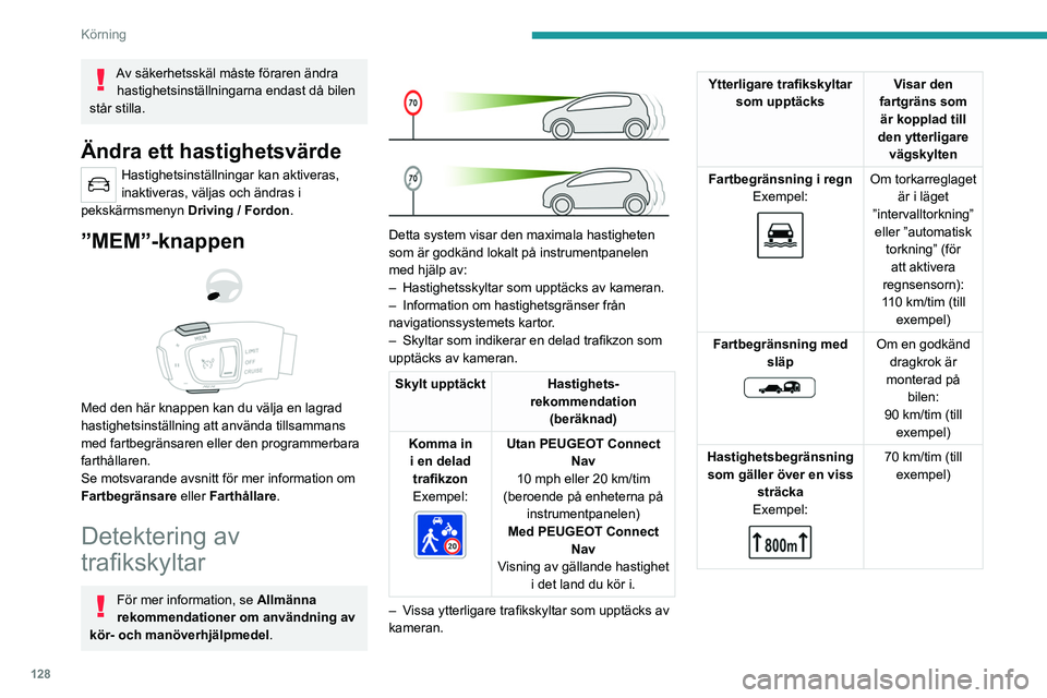 PEUGEOT 3008 2022 Bruksanvisningar (in Swedish) 128
Körning
Av säkerhetsskäl måste föraren ändra hastighetsinställningarna endast då bilen
står stilla.
Ändra ett hastighetsvärde
Hastighetsinställningar kan aktiveras,
inaktiveras, väl PEUGEOT 3008 2022 Bruksanvisningar (in Swedish) 128
Körning
Av säkerhetsskäl måste föraren ändra hastighetsinställningarna endast då bilen
står stilla.
Ändra ett hastighetsvärde
Hastighetsinställningar kan aktiveras,
inaktiveras, väl