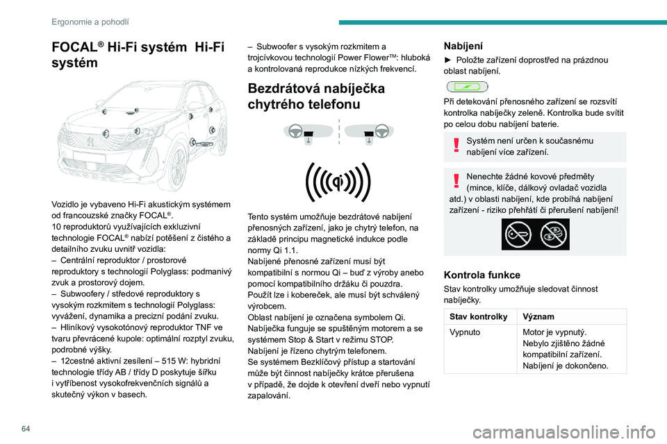 PEUGEOT 3008 2022  Návod na použití (in Czech) 64
Ergonomie a pohodlí
FOCAL® Hi-Fi systém  Hi-Fi 
systém
 
 
Vozidlo je vybaveno Hi-Fi akustickým systémem 
od francouzské značky FOCAL®.
10 reproduktorů využívajících exkluzivní 
tech