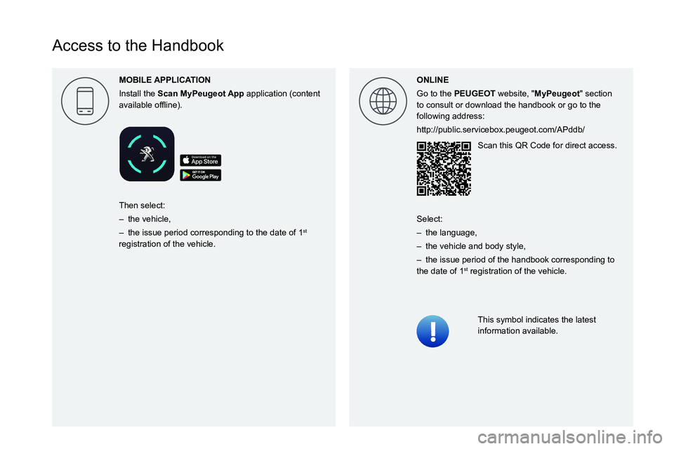 PEUGEOT 3008 2021  Owners Manual  
 
 
 
 
 
 
 
 
 
 
 
 
 
 
 
 
  
 
  
  
Access to the Handbook
ONLINE
Go to the PEUGEOT  website, "MyPeugeot" section 
to consult or download the handbook or go to the 
following address: