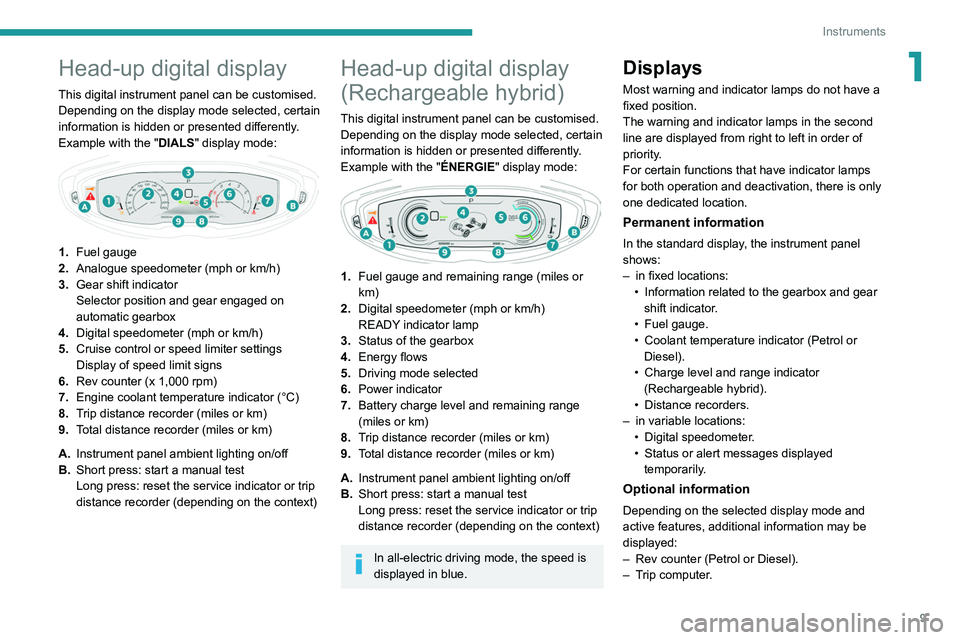 PEUGEOT 3008 2021  Owners Manual 9
Instruments
1Head-up digital display
This digital instrument panel can be customised.
Depending on the display mode selected, certain 
information is hidden or presented differently.
Example with th