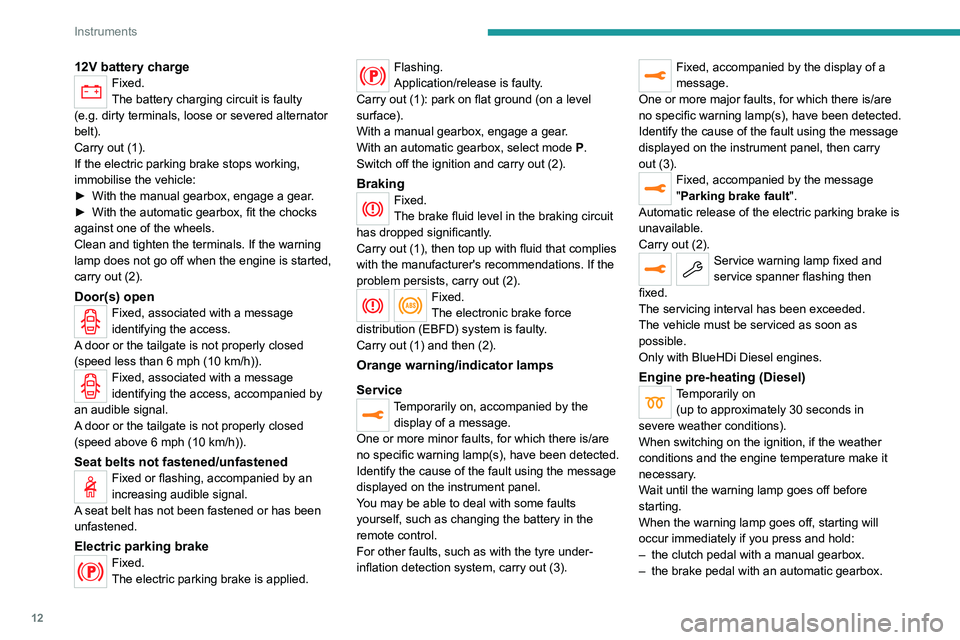 PEUGEOT 3008 2021 Owners Manual 12
Instruments
12V battery chargeFixed.
The battery charging circuit is faulty
(e.g.
dirty terminals, loose or severed alternator
belt).
Carry out (1).
If the electric parking brake stops working, PEUGEOT 3008 2021 Owners Manual 12
Instruments
12V battery chargeFixed.
The battery charging circuit is faulty
(e.g.
dirty terminals, loose or severed alternator
belt).
Carry out (1).
If the electric parking brake stops working,