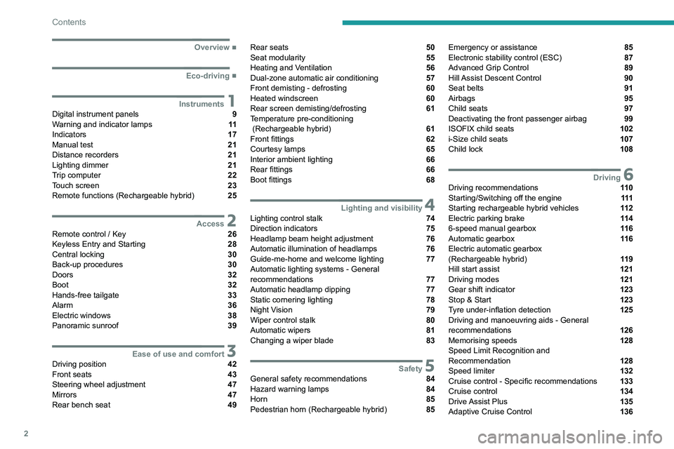 PEUGEOT 3008 2021  Owners Manual 2
Contents
  ■
Overview
  ■
Eco-driving
 1InstrumentsDigital instrument panels  9
Warning and indicator lamps  11
Indicators  17
Manual test  21
Distance recorders  21
Lighting dimmer  21
Trip