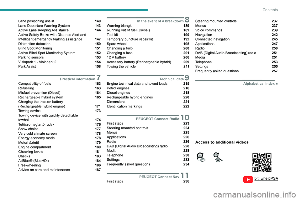 PEUGEOT 3008 2021  Owners Manual 3
Contents
  
  
 
 
 
 
Lane positioning assist  140
Lane Departure Warning System  143
Active Lane Keeping Assistance  144
Active Safety Brake with Distance Alert and 
Intelligent emergency braking 