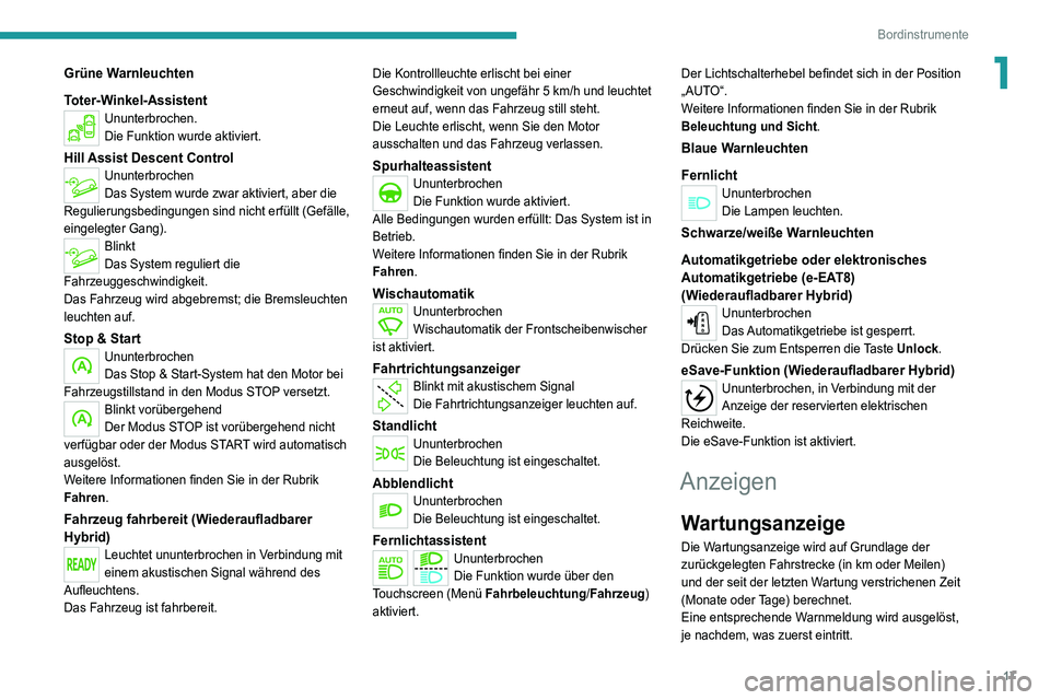 PEUGEOT 3008 2021 Betriebsanleitungen (in German) 17
Bordinstrumente
1Grüne Warnleuchten
Toter-Winkel-Assistent
Ununterbrochen.
Die Funktion wurde aktiviert.
Hill Assist Descent ControlUnunterbrochen
Das System wurde zwar aktiviert, aber die
Reguli PEUGEOT 3008 2021 Betriebsanleitungen (in German) 17
Bordinstrumente
1Grüne Warnleuchten
Toter-Winkel-Assistent
Ununterbrochen.
Die Funktion wurde aktiviert.
Hill Assist Descent ControlUnunterbrochen
Das System wurde zwar aktiviert, aber die
Reguli