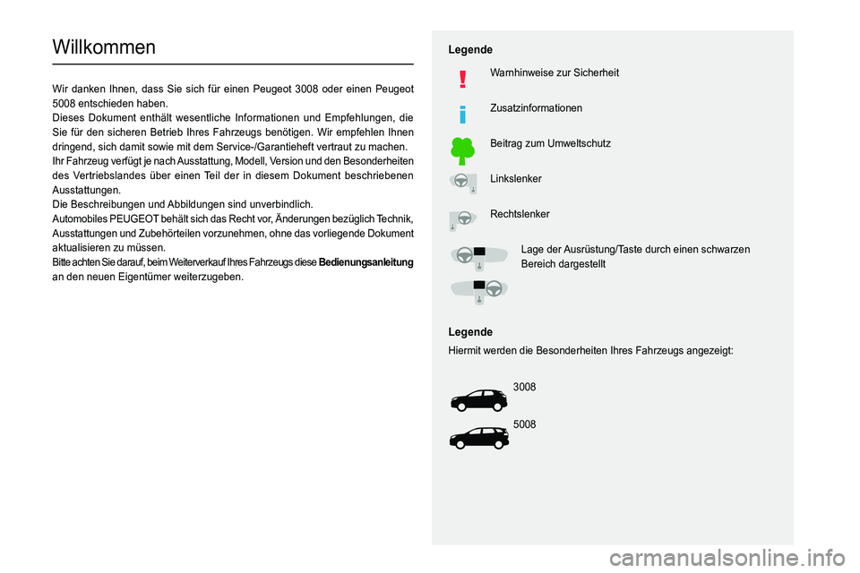 PEUGEOT 3008 2021  Betriebsanleitungen (in German)   
 
 
 
 
 
  
  
   
   
 
  
 
  
 
 
 
   
 
 
  
Willkommen
Wir danken Ihnen, dass Sie sich für einen Peugeot 3008 oder einen Peugeot 
5008 entschieden haben.
Dieses Dokument enthält wesentlich